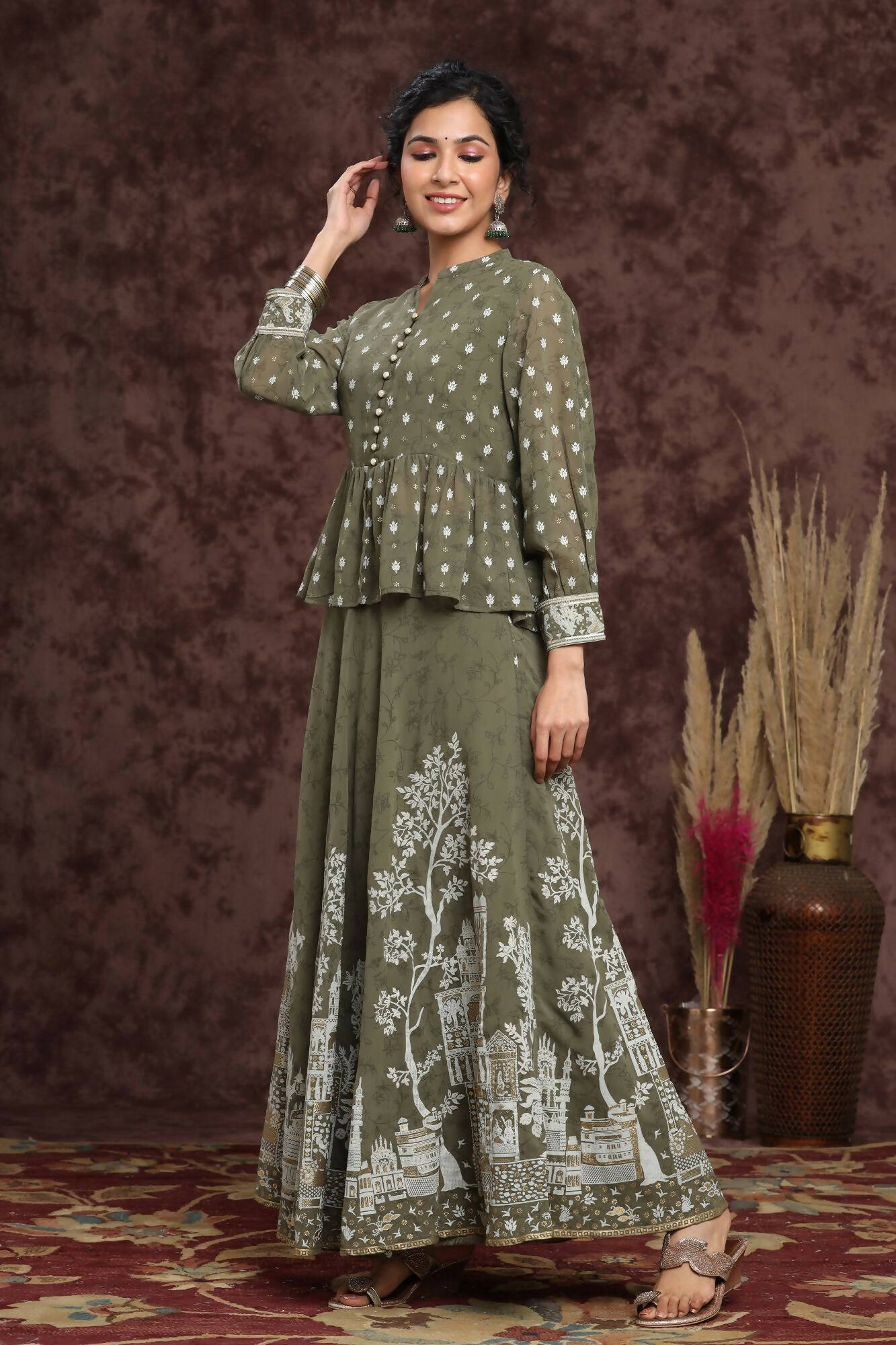 Juniper Women Olive Georgette Printed Flared Lehenga Choli Sets | Grocsy