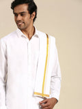 Ramraj Cotton Premium Wedding White Regular Dhoti, Shirt & Towel Set Arathi 1/2" | Grocsy