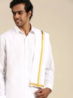 Ramraj Cotton Premium Wedding White Regular Dhoti, Shirt & Towel Set Arathi 1/2" | Grocsy