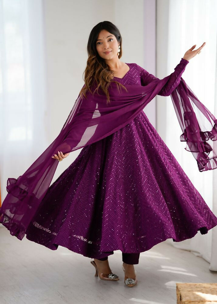Joban Fashion Wine Kurta Set Georgette Sequence Embroidery Work | Grocsy