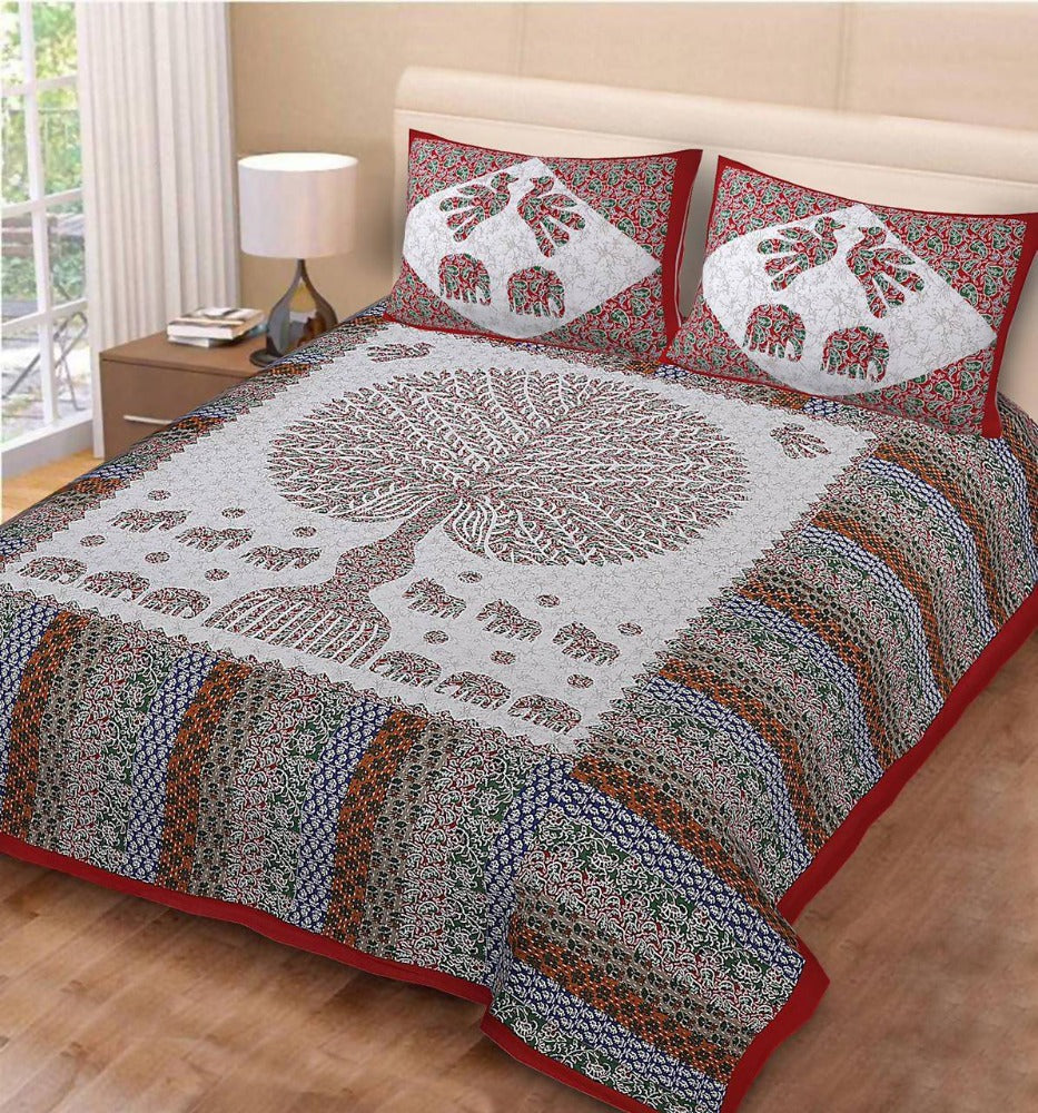 Vamika Printed Cotton Red Tree Stripe Bedsheet With Pillow Covers (PM Treestripe Red) | Grocsy