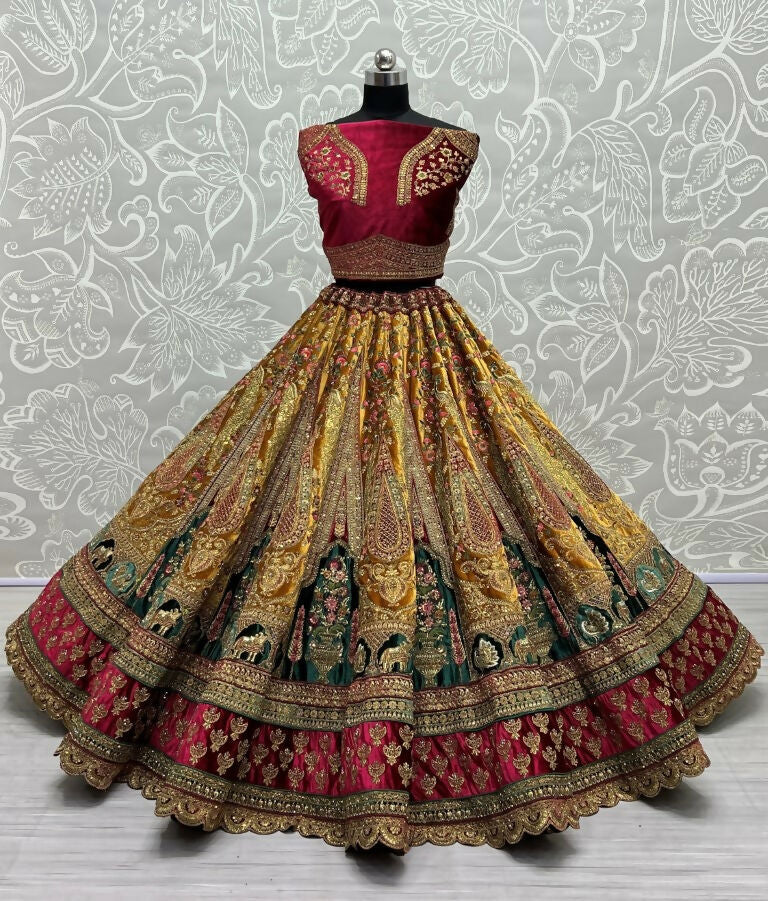 Jyoti Fashion Women's Mustard Velvet Multi Thread Embroidered, Patch Work with Zircon Diamond Wedding Lehenga Choli | Grocsy