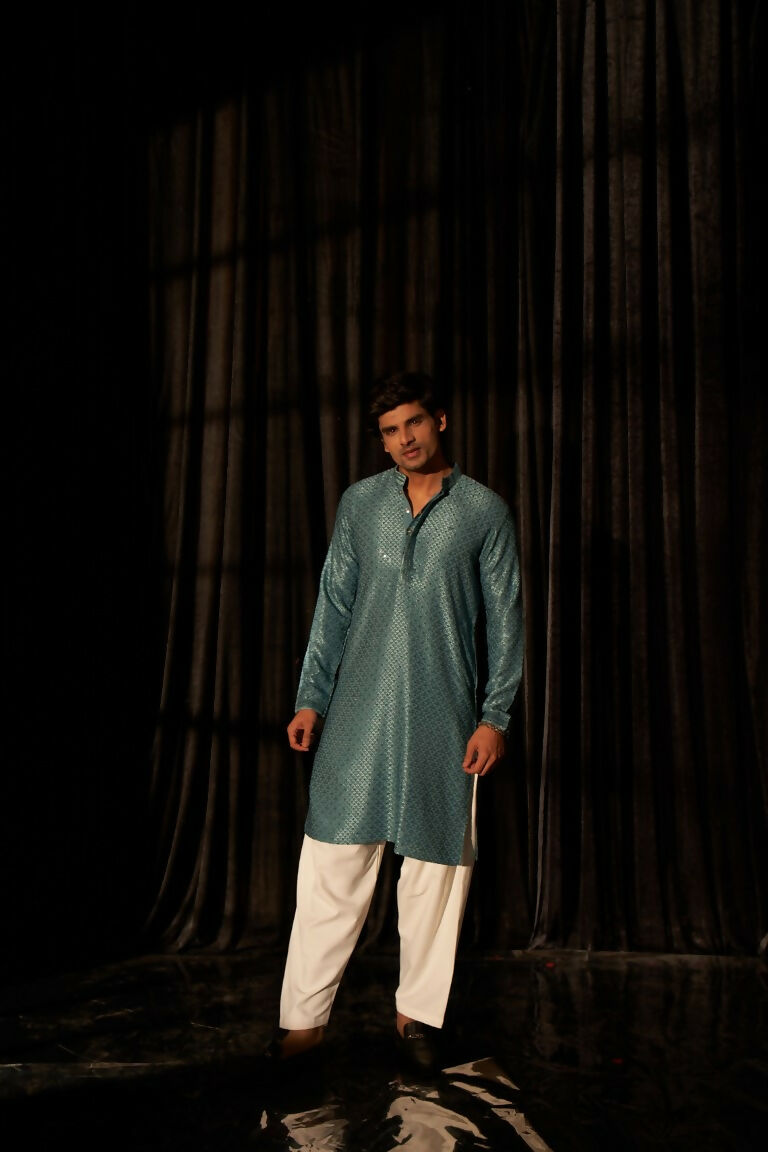 Blue viscose Chikankari Embroidery Work Men's Traditional Kurta Set - Mahotsav | Grocsy