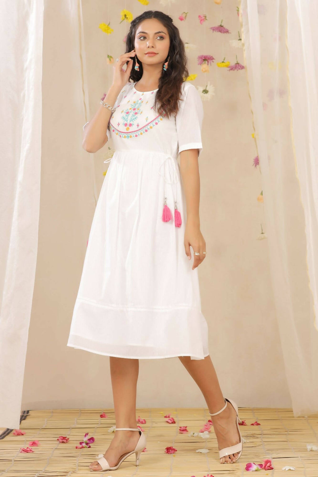 Juniper Women White Cotton Dobby Embroidered A-Line Dress | Grocsy