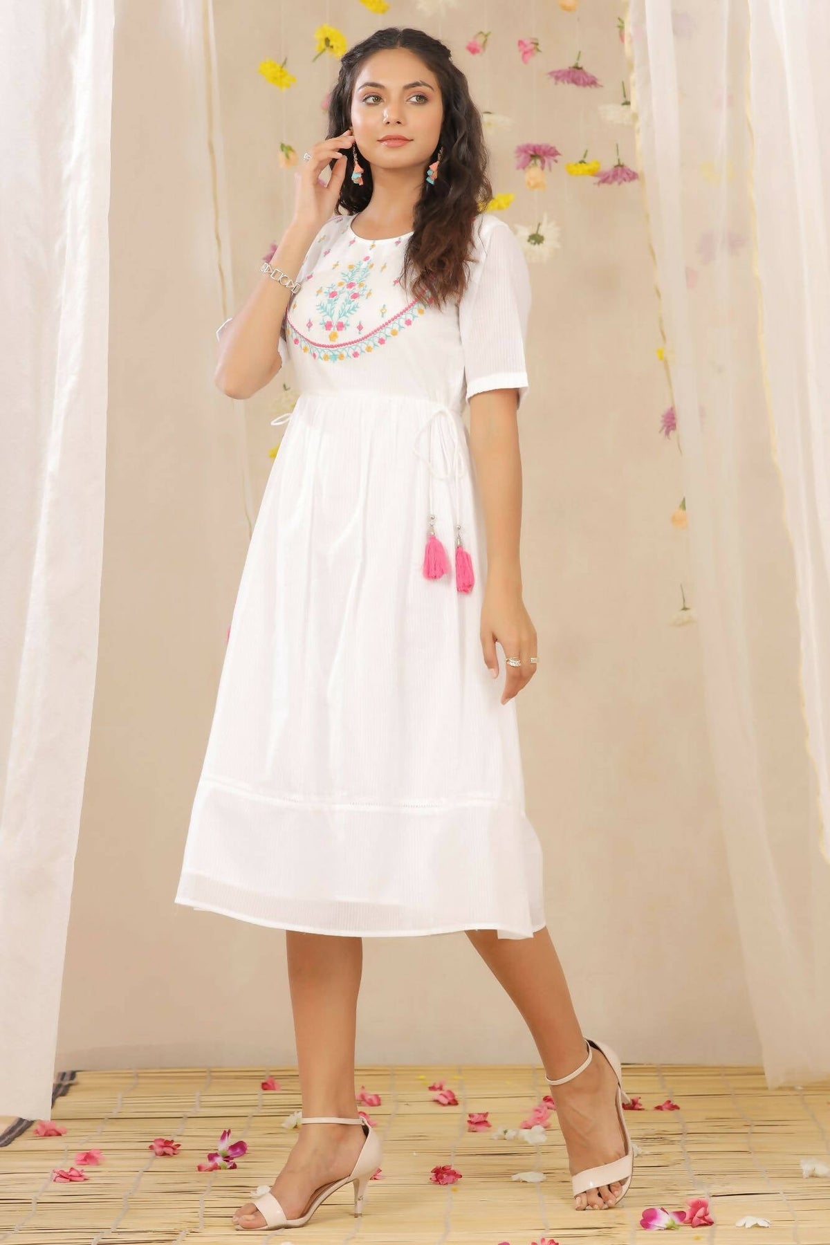 Juniper Women White Cotton Dobby Embroidered A-Line Dress | Grocsy