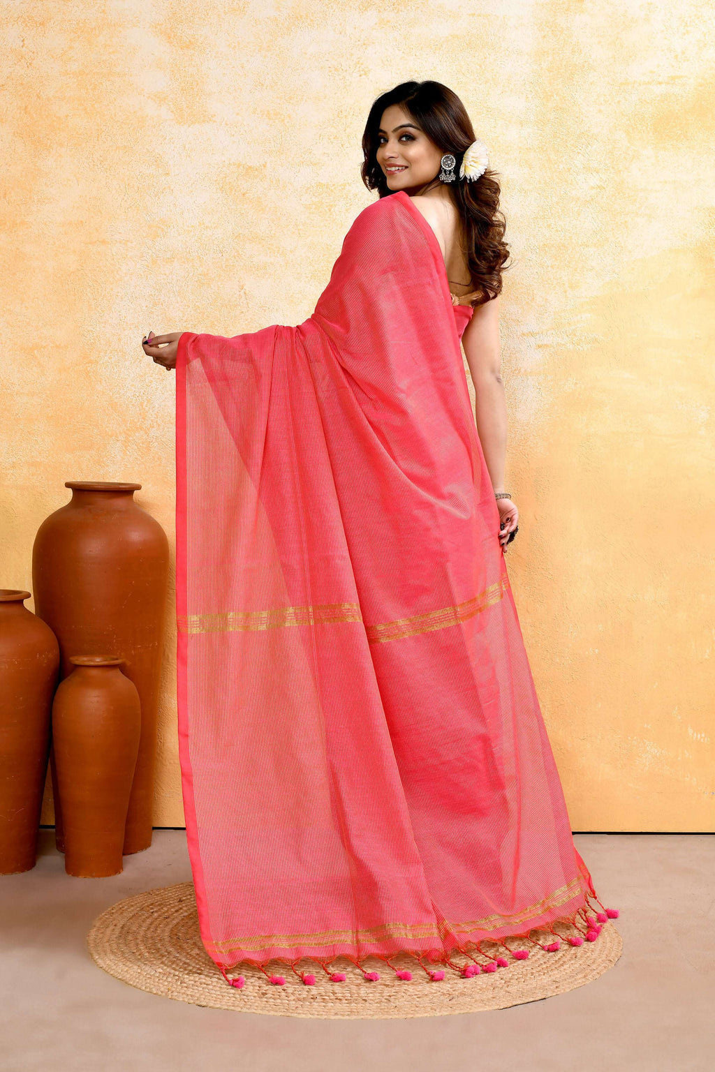 Piyari Fashion Women's Pink Embellished Cotton Blend Zari Check Handloom Saree | Grocsy