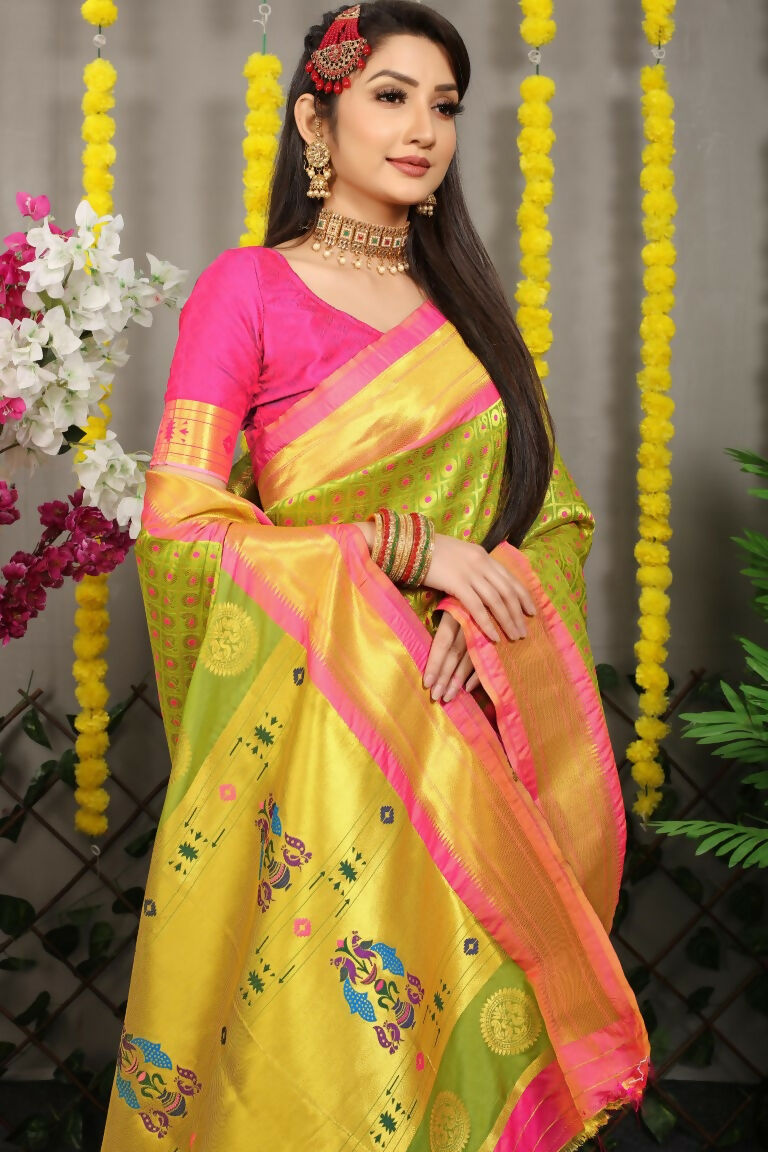 Jyoti Fashion Women's Green Banarasi Silk Zari Woven Saree with Blouse | Grocsy