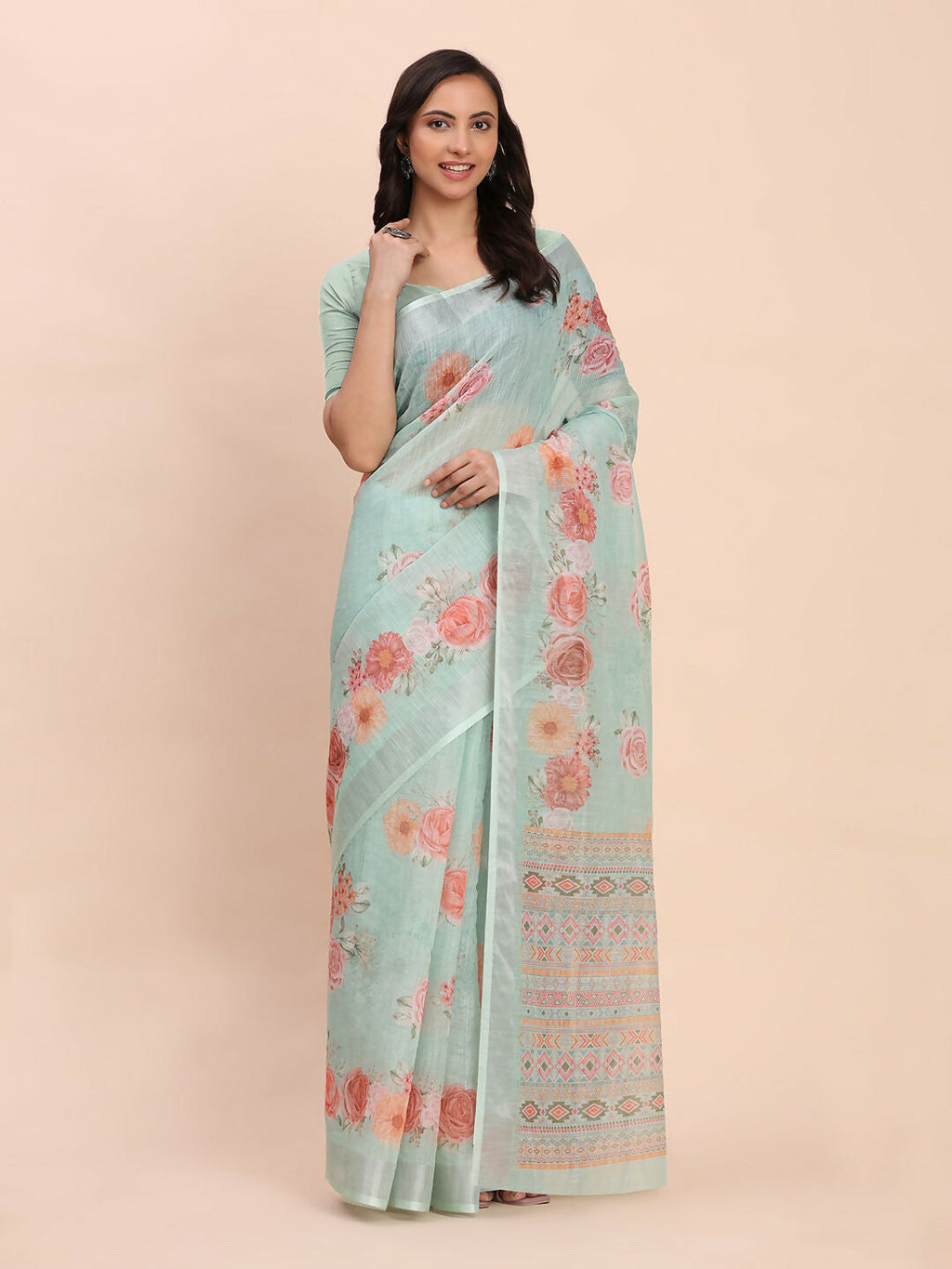 Shree Shyam Fashion Linen Cotton Sea Green Saree | Grocsy