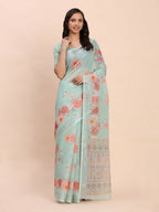 Shree Shyam Fashion Linen Cotton Sea Green Saree | Grocsy