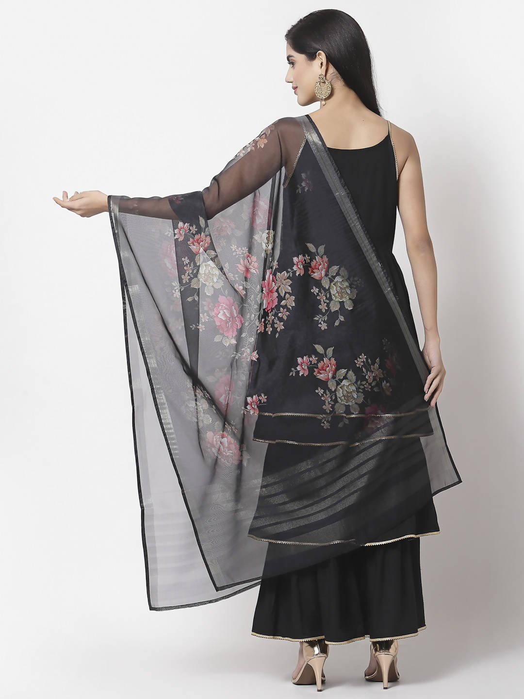 Myshka Women Black Rayon Solid Sleeveless Round Neck Kurta With Sharara & Dupatta Set | Grocsy