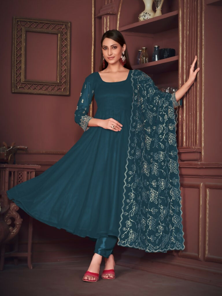 Jyoti Fashion Women's Rama Georgette Embroidered Anarkali Kurta Pant Set With Dupatta | Grocsy