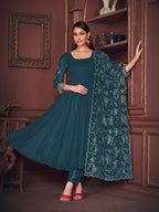 Jyoti Fashion Women's Rama Georgette Embroidered Anarkali Kurta Pant Set With Dupatta | Grocsy