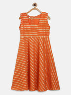 Ahalyaa Orange Crepe Gold Stripped Printed Kids Dress With Jacket For Girls | Grocsy