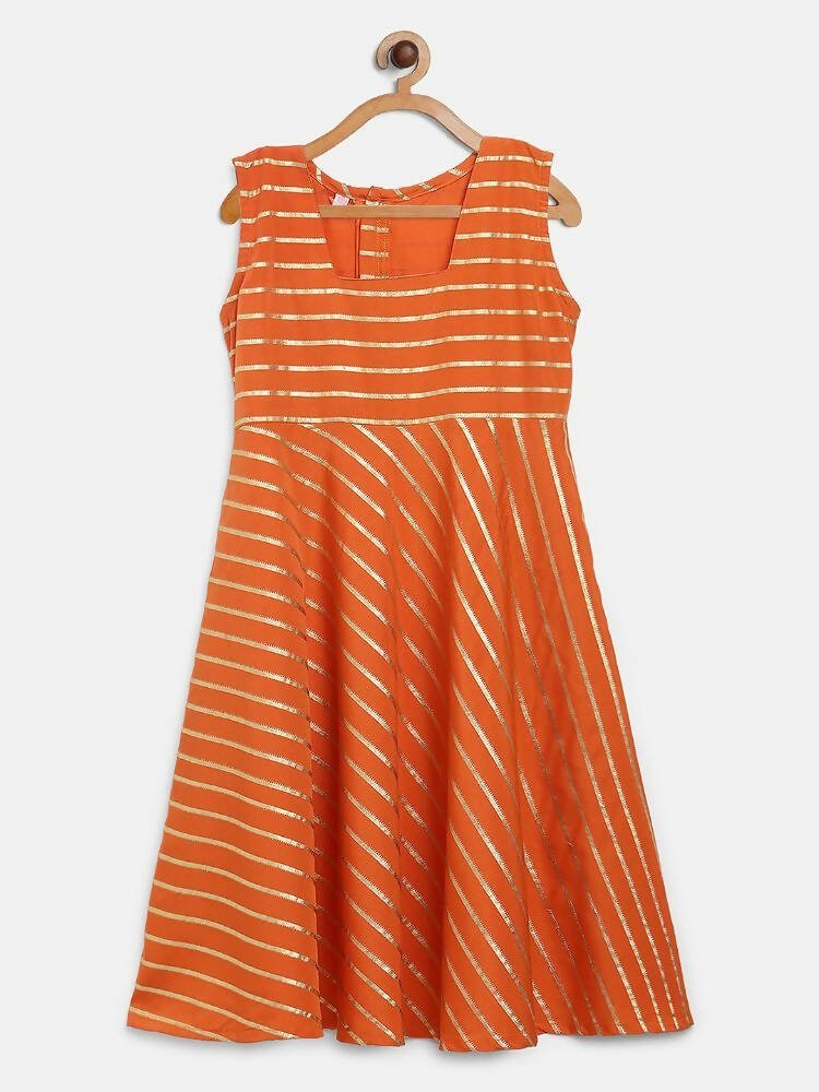 Ahalyaa Orange Crepe Gold Stripped Printed Kids Dress With Jacket For Girls | Grocsy