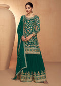 Green Real Chinnon Embroidered Wedding Festive Palazzo Suit - Emponline | Grocsy