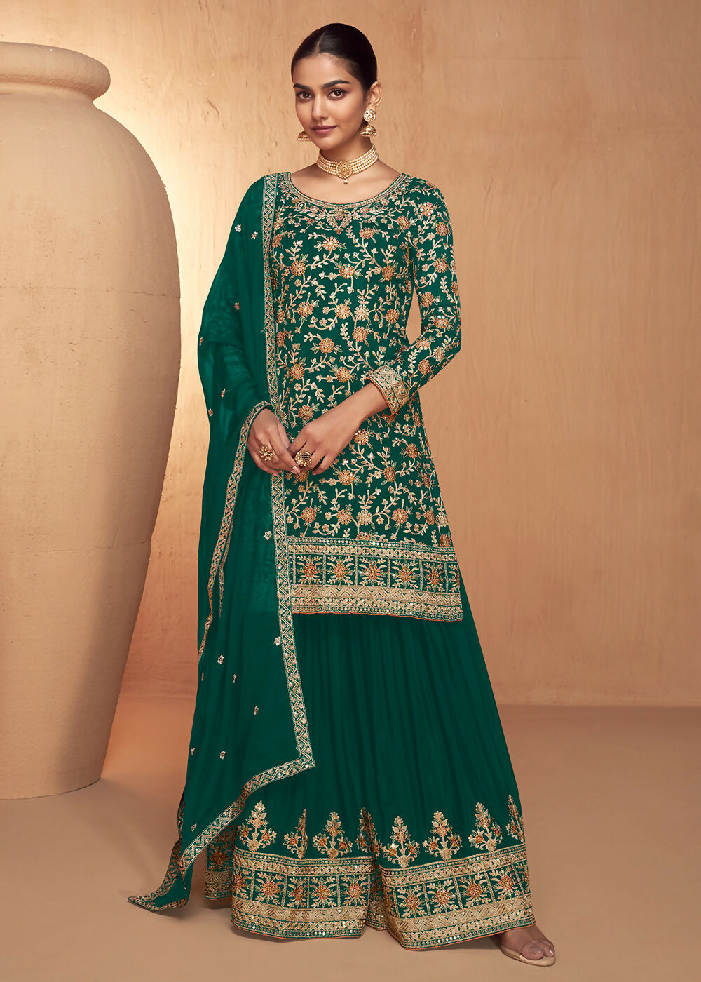 Green Real Chinnon Embroidered Wedding Festive Palazzo Suit - Emponline | Grocsy