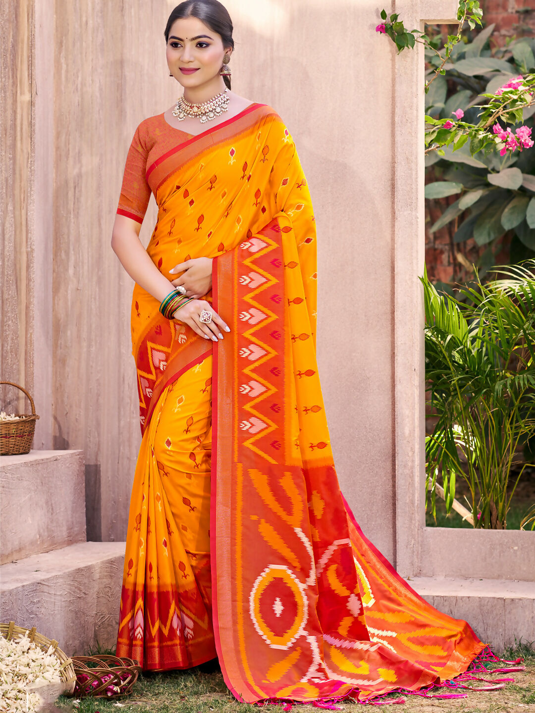 Shree Shyam Fashion Yellow Pochampally Silk Saree | Grocsy