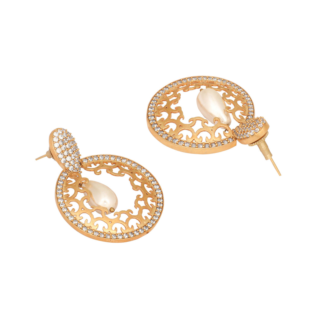 Nuyug 22K Gold Plated Cubic Zirconia Studded Contemporary Moon Shaped Pearl Drop Chandbalis | Grocsy