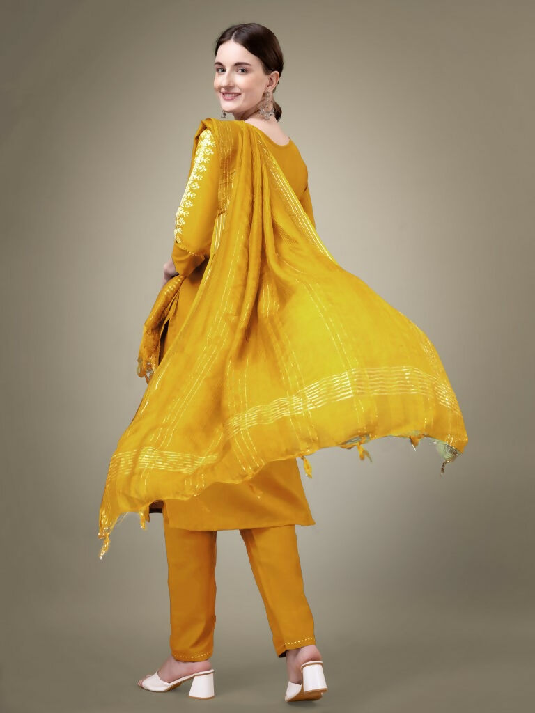 Jyoti Fashion Women's Yellow Cotton Blend Embroidery & Sequence work Kurta with Trouser & Dupatta | Grocsy