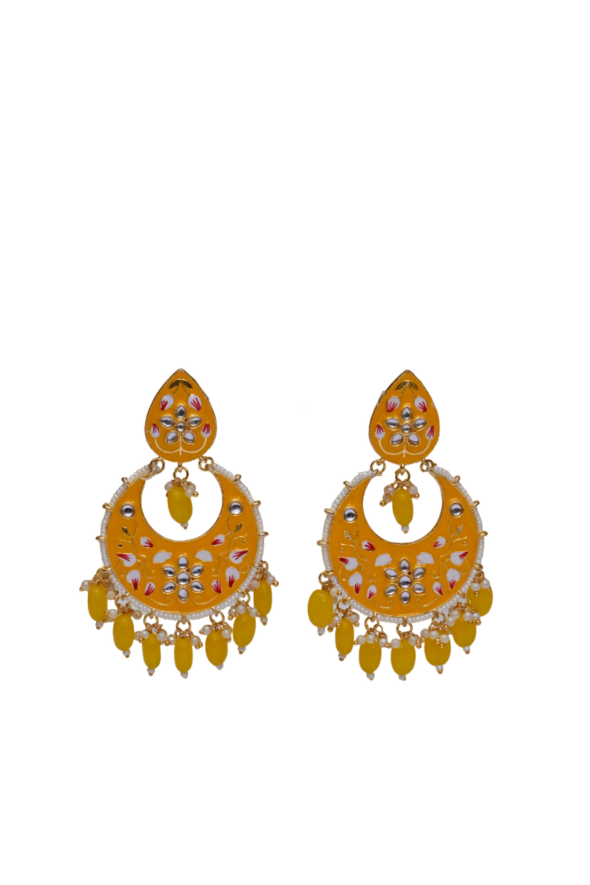 Gold-Polished Brass & Pearl Dangle Women Yellow Hand Painted Meenakari Chandbali Earrings By House of Ree - Swadesiicart