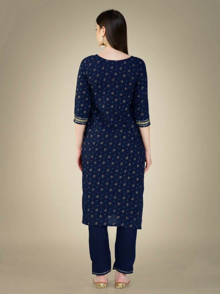 Jyoti Fashion Women's Navy Blue Cotton Magic Slub Embroidery & Sequence work Kurta with Trouser & Dupatta | Grocsy