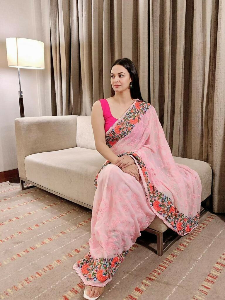 Vamsee Sandhya Pink Georgette Saree | Grocsy