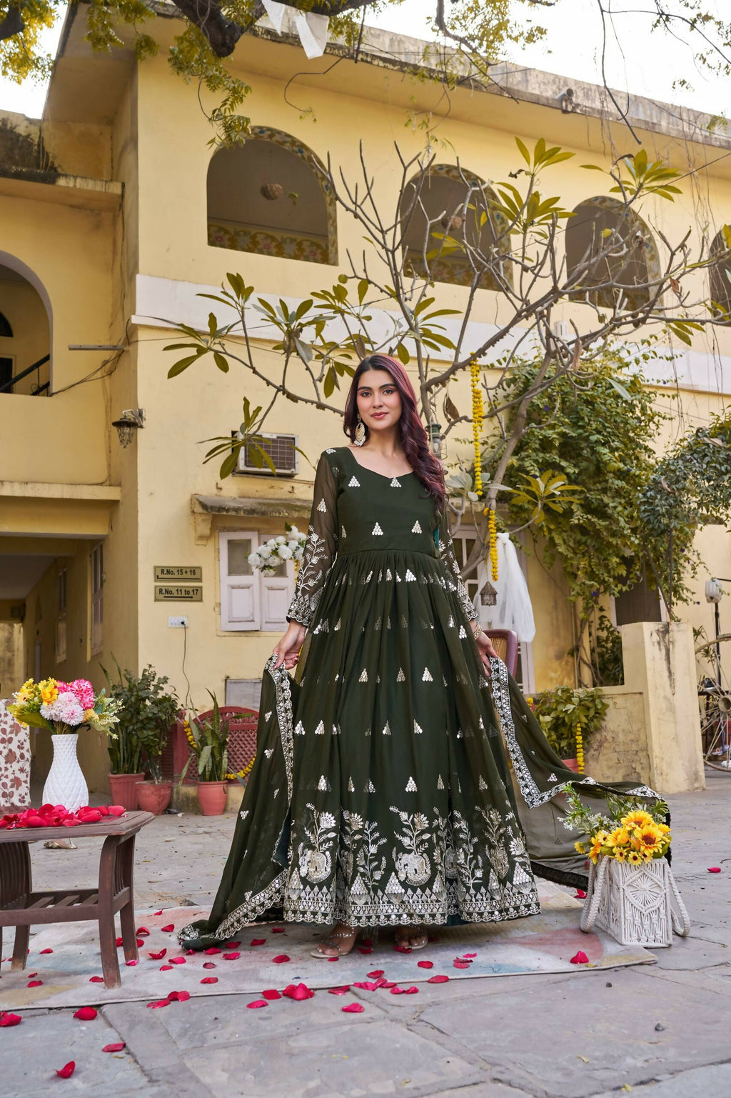 Teeya Creation Womens Casual Party Wear Heavy 7mm Sequence Embroidery Work Mehendi Gown Set | Grocsy