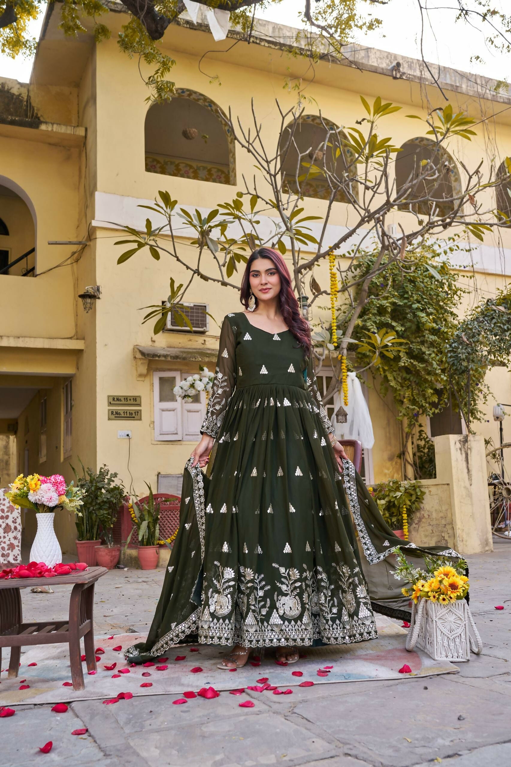 Teeya Creation Womens Casual Party Wear Heavy 7mm Sequence Embroidery Work Mehendi Gown Set | Grocsy