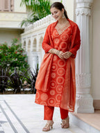 The52 Orange Women's Gorgeous Rayon Embroidered Straight Kurta with Pant And Dupatta Set | Grocsy