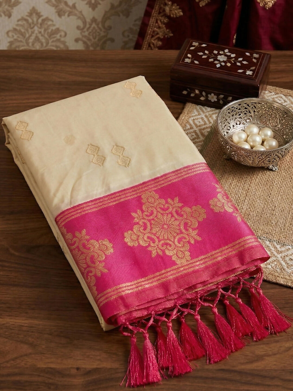 Shree Shyam Fashion Cream Soft Silk Saree | Grocsy