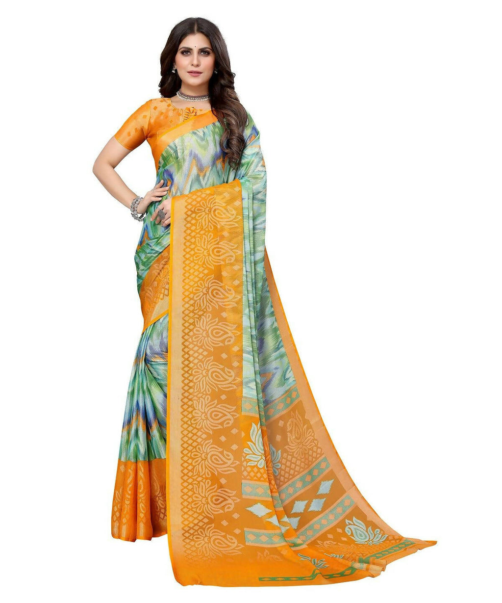 Vamika Green Chiffon Brasso Bollywood Style Woven Saree (KARUNA YELLOW) | Grocsy