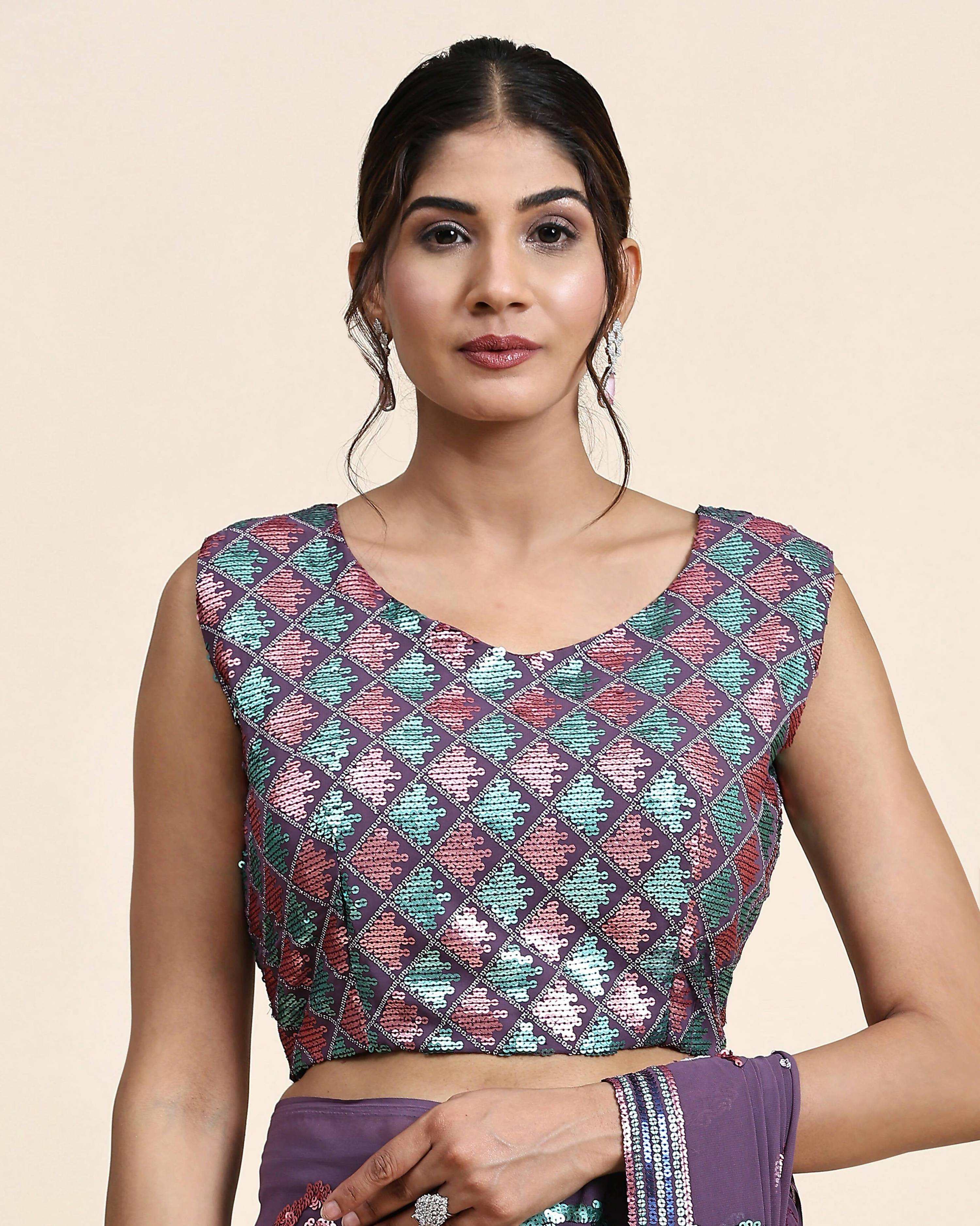 Purple Pure Georgette Sequence work Ready to wear Saree with stitched Blouse - Nirvana | Grocsy