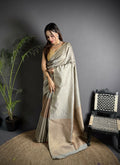 Joban Fashion Grey Banarasi Soft Lichi Silk Checks & Woven Saree | Grocsy