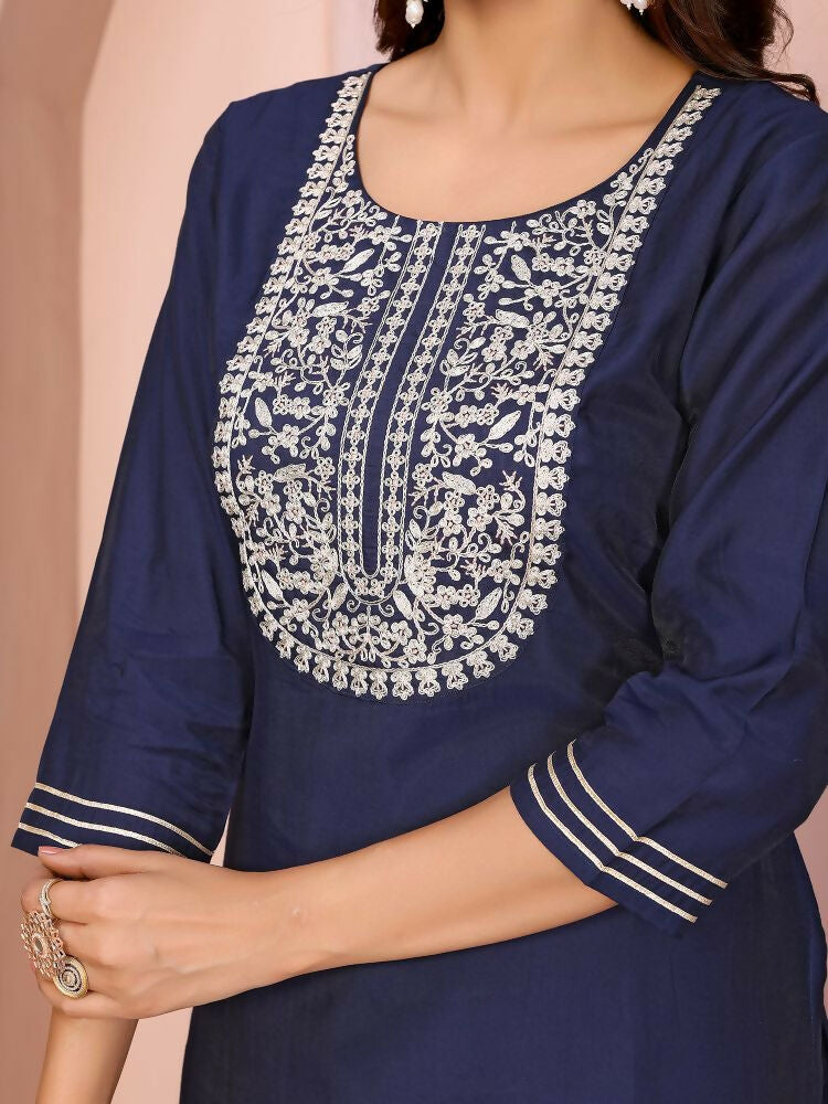 Joban Fashion Women Navy Blue Roman Embroidery Stitched Kurta Set | Grocsy