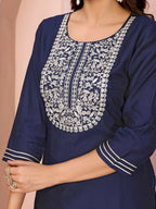 Joban Fashion Women Navy Blue Roman Embroidery Stitched Kurta Set | Grocsy
