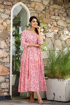 Kaajh Women's Orange Ethnic Floral Hand Block Print Cotton Dress | Grocsy