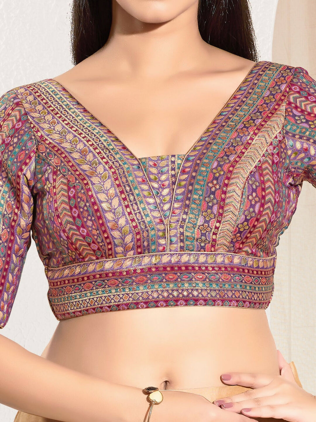 Joban Fashion Purple Multi Brocade Padded Blouse With V Neck Elbow Sleeves | Grocsy