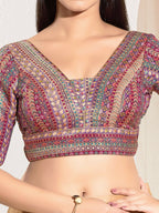 Joban Fashion Purple Multi Brocade Padded Blouse With V Neck Elbow Sleeves | Grocsy