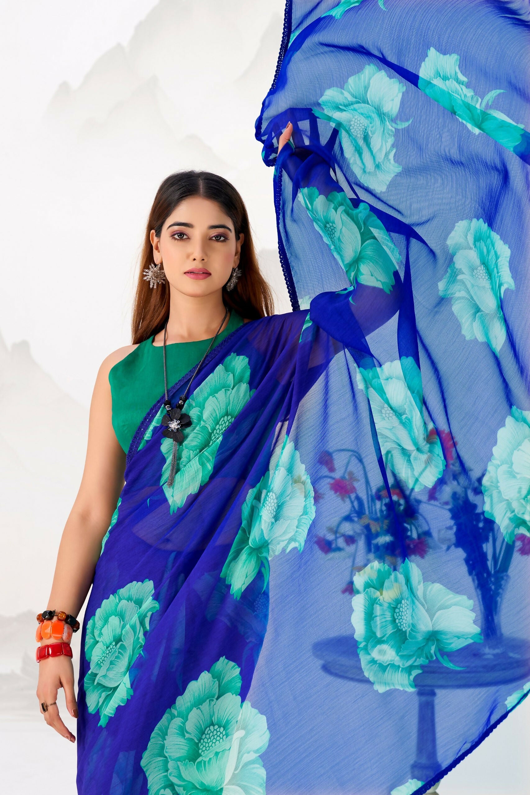 Vastranavya Royal Blue Floral Print with Lace Border work Chiffon Saree & Unstitched Blouse | Grocsy