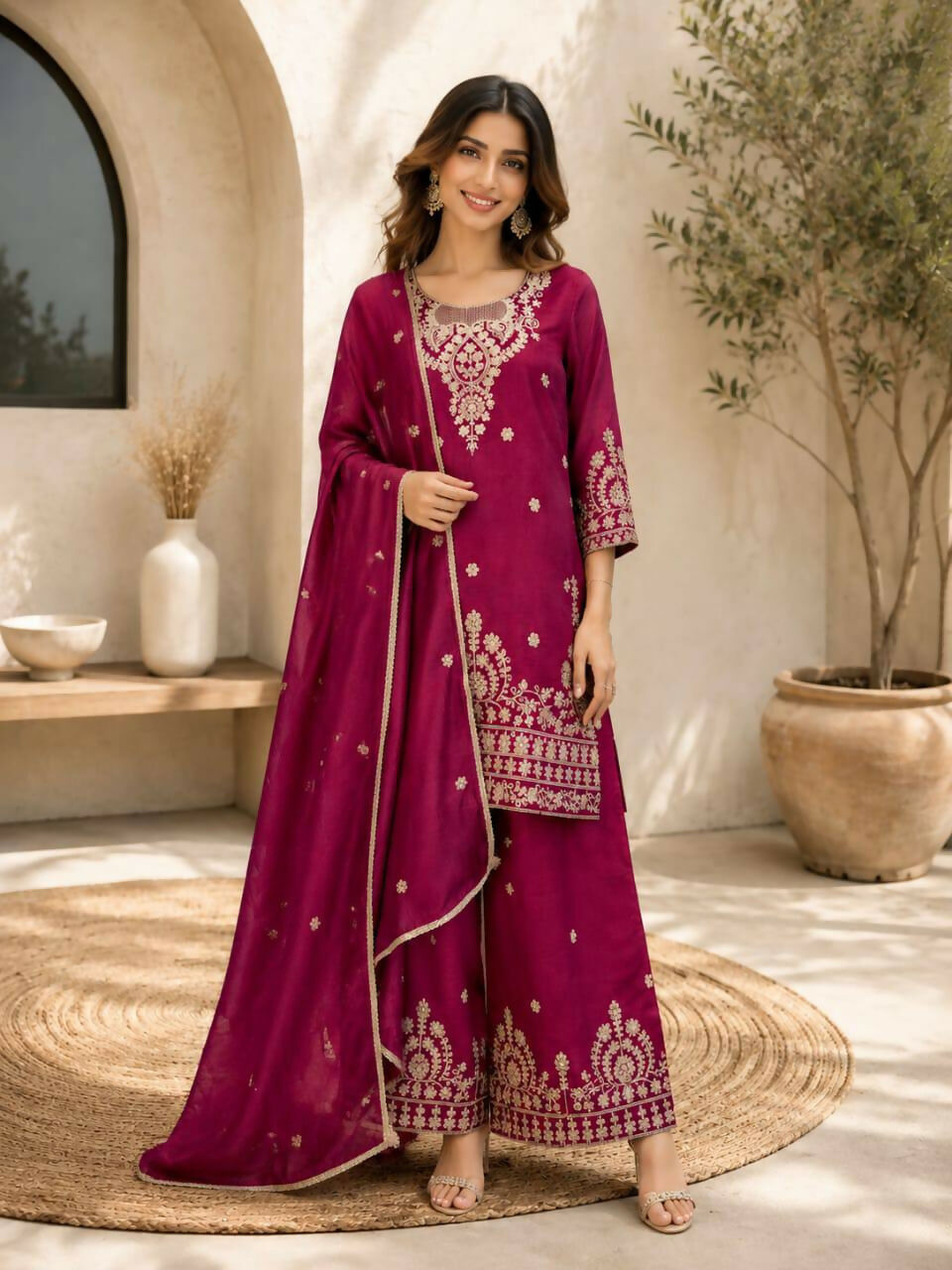 Teeya Creation Wine Embroidered Silk Palazzo Suit With Dupatta | Grocsy