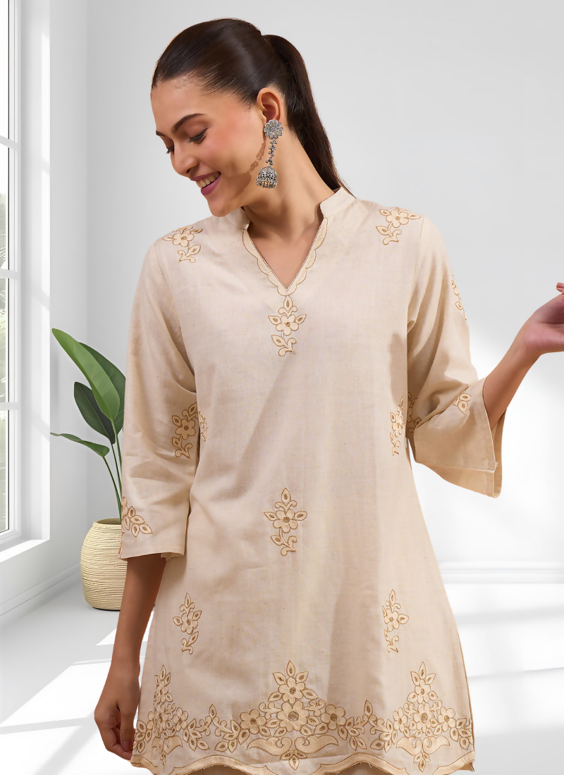 Joban Fashion Beige Linen Embroidered Readymade Cord Set | Grocsy