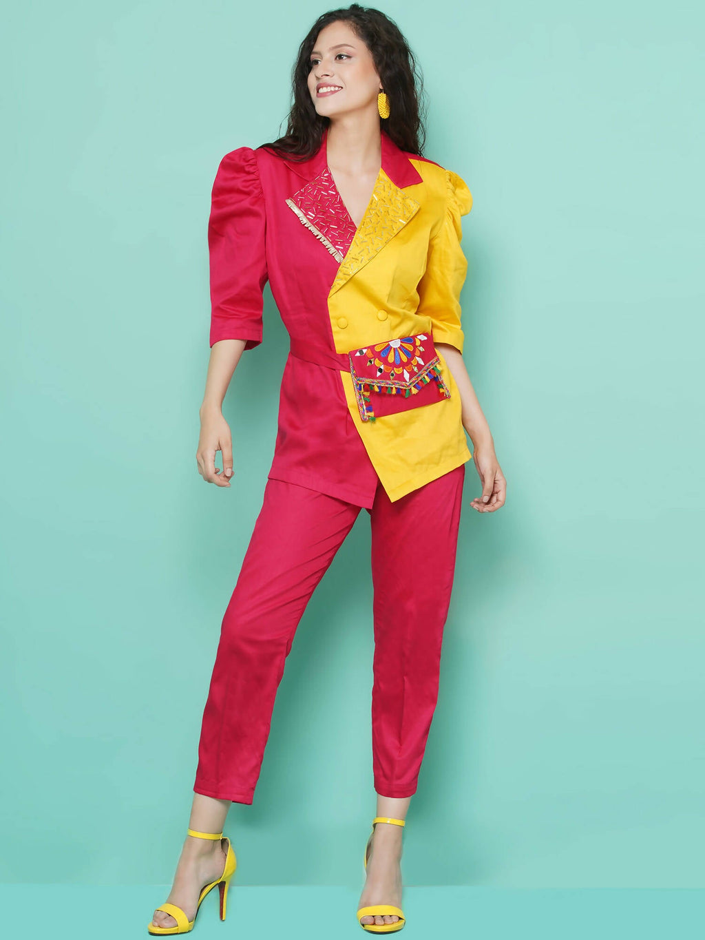 Women Republic Pink And Yellow Cotton Silk hand Embellished Coord set with Pouch | Grocsy