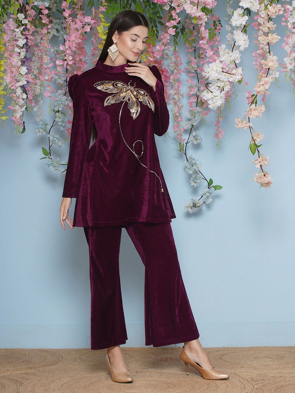 Joban Fashion Wine Velvet Hand Embellished Coord Set | Grocsy