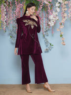 Joban Fashion Wine Velvet Hand Embellished Coord Set | Grocsy