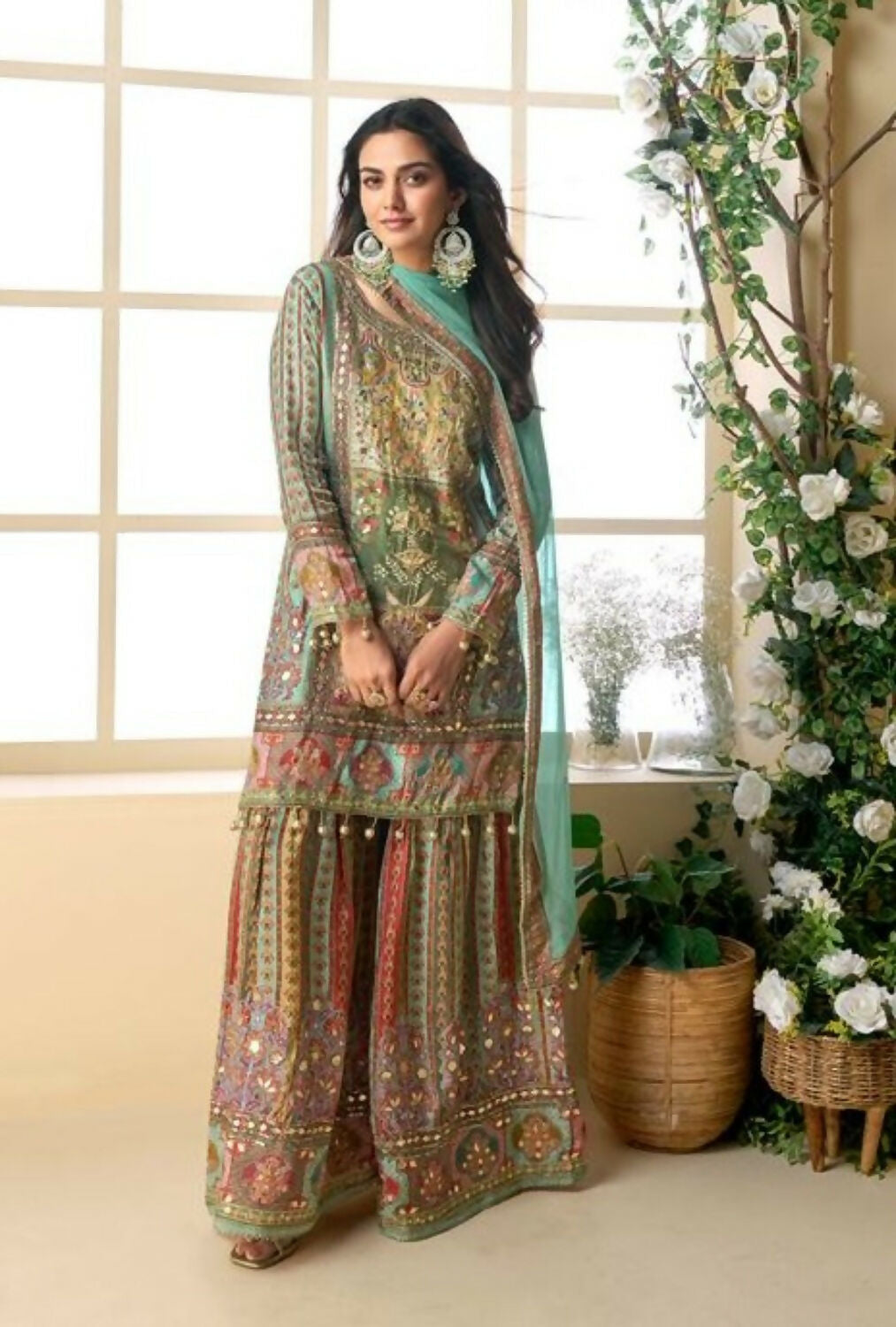 Anaita Sea Green Heavy Crepe Silk Ready Made Suit with Multi Digital Printed & Aari Work | Grocsy
