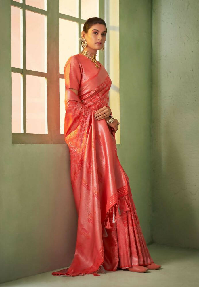 Elegant Designer Tomato Red Color Kanjivaram Silk Saree With Weaving Work - Yomika Fashions | Grocsy