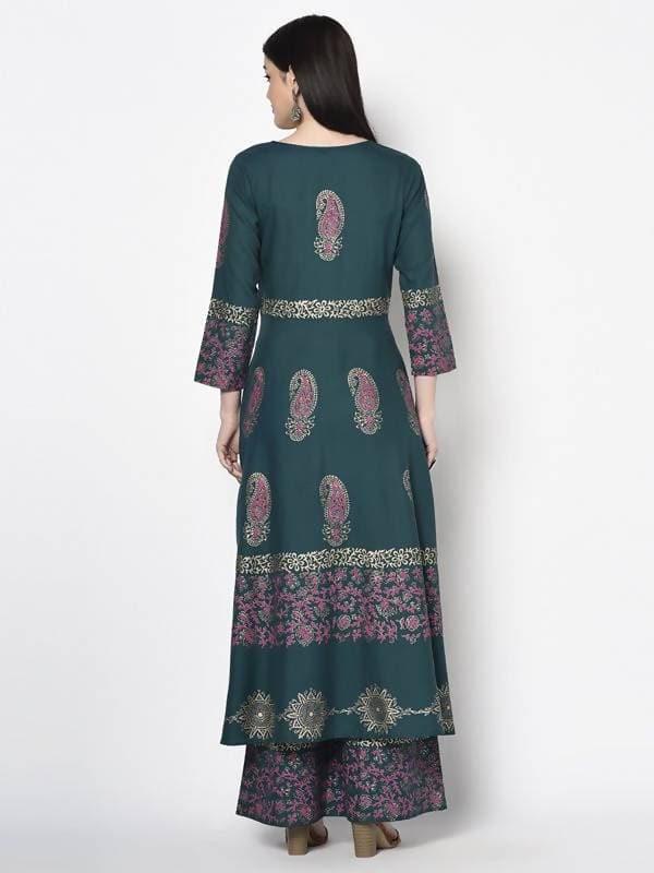 Aniyah Rayon Teal Blue Color Block Print Anarkali Kurta (AN-221K) | Grocsy