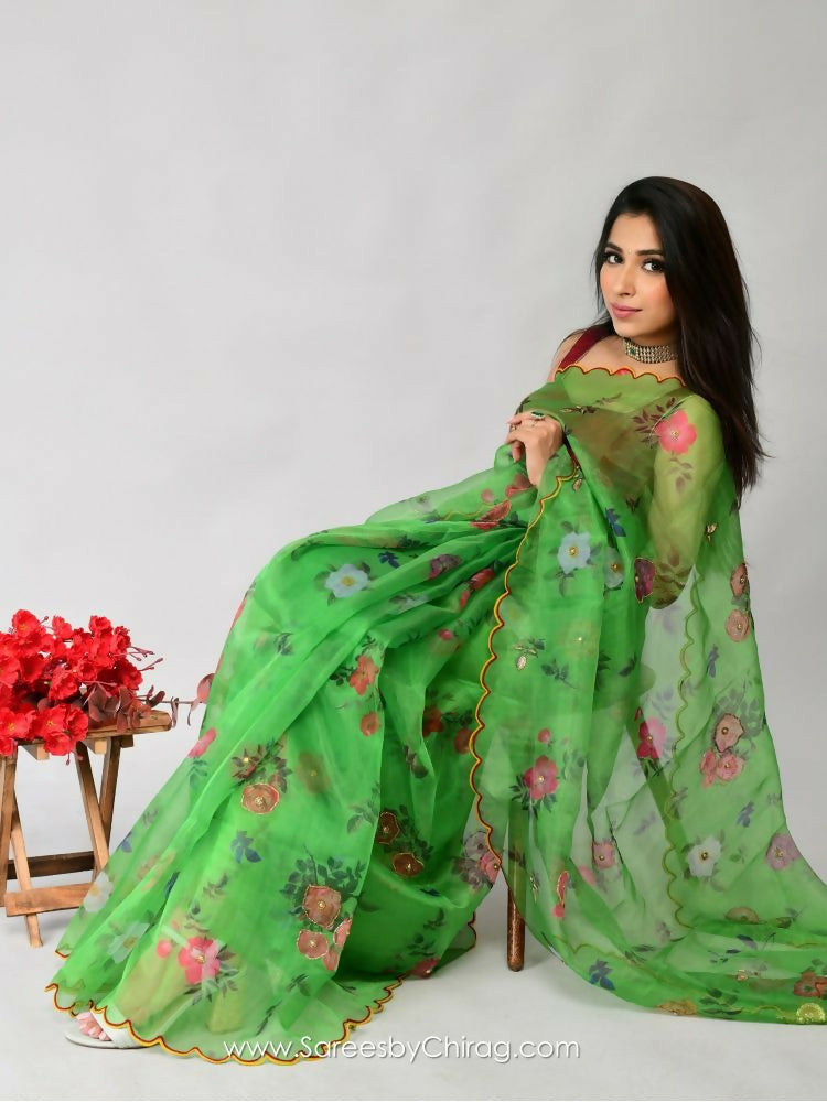 Vamsee Nakshatra Latakn Green Organza Saree | Grocsy