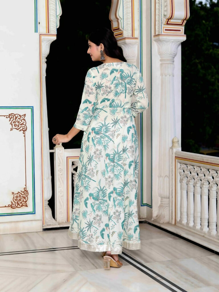 Miravan Women's Light Green Cotton Gotapatti And Lace Border Birds And Leaf Anarkali Kurta | Grocsy