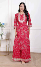 Miravan Women's Red Cotton Gota Work Kurta with Palazzo | Grocsy